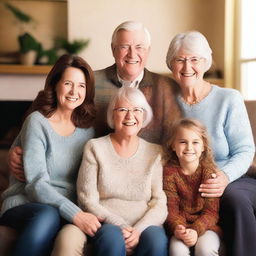 A warm and loving family portrait featuring parents, children, and possibly grandparents, all smiling and showing affection