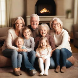 A warm and loving family portrait featuring parents, children, and possibly grandparents, all smiling and showing affection