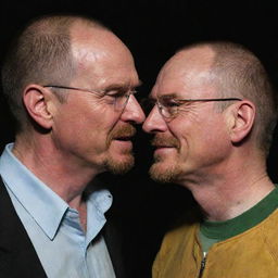 A picture of Walter White from Breaking Bad smooching Jesse Pinkman on the cheek in a lighthearted, familial manner, surprising both Jesse and the audience as it's out of character for the usually stern Walter White.