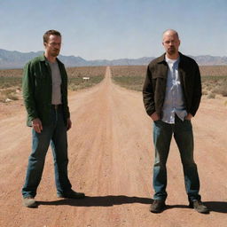 Walter White and Jesse Pinkman in a classic Breaking Bad setting, showcasing their unique chemistry. The characters, contrasting in nature, stand side by side, ready to face whatever challenges come their way.