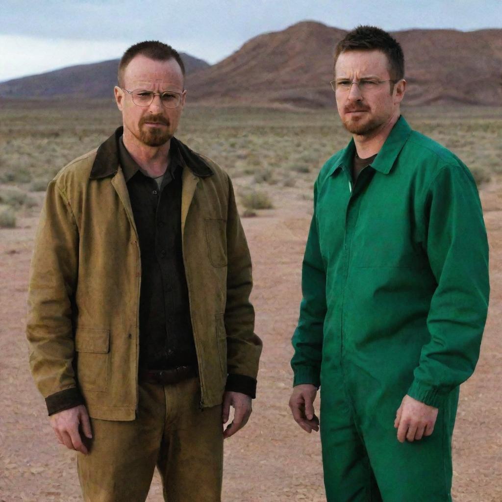 Walter White and Jesse Pinkman in a classic Breaking Bad setting, showcasing their unique chemistry. The characters, contrasting in nature, stand side by side, ready to face whatever challenges come their way.