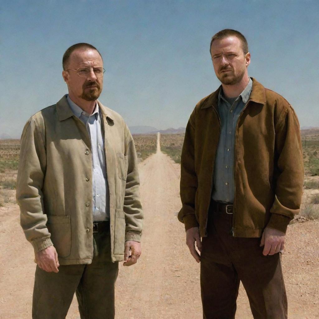 Walter White and Jesse Pinkman in a classic Breaking Bad setting, showcasing their unique chemistry. The characters, contrasting in nature, stand side by side, ready to face whatever challenges come their way.