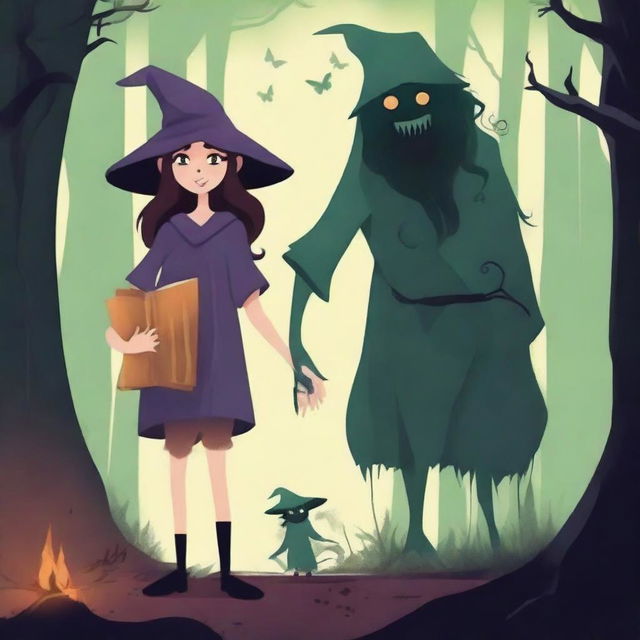 Create a book cover titled 'MAKENDA E OS ZUMBIS' featuring a girl, an old witch, and monsters in a dark, eerie forest