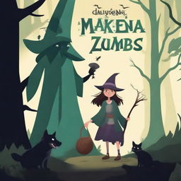 Create a book cover titled 'MAKENDA E OS ZUMBIS' featuring a girl, an old witch, and monsters in a dark, eerie forest