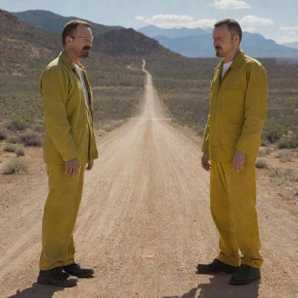 Walter White and Jesse Pinkman in a classic Breaking Bad setting, showcasing their unique chemistry. The characters, contrasting in nature, stand side by side, ready to face whatever challenges come their way.