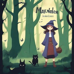 Create a book cover titled 'MAKENDA E OS ZUMBIS' featuring a girl, an old witch, and monsters in a dark, eerie forest