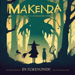 Create a book cover titled 'MAKENDA E OS ZUMBIS' featuring a girl, an old witch, and monsters in a dark, eerie forest