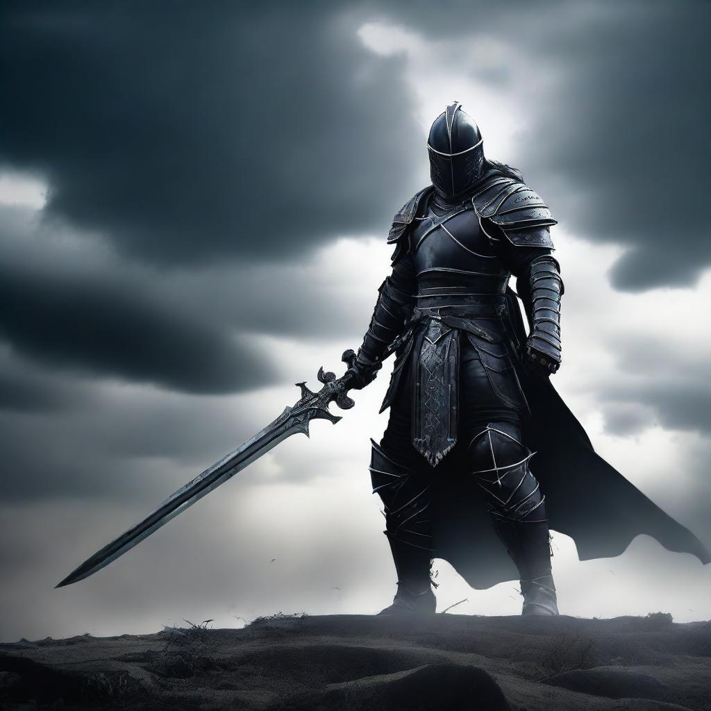 A dark warrior clad in black armor stands in a desolate battlefield, with a stormy sky overhead