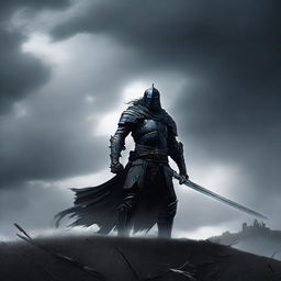 A dark warrior clad in black armor stands in a desolate battlefield, with a stormy sky overhead