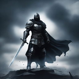 A dark warrior clad in black armor stands in a desolate battlefield, with a stormy sky overhead