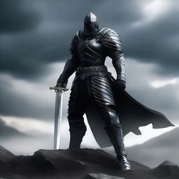 A dark warrior clad in black armor stands in a desolate battlefield, with a stormy sky overhead