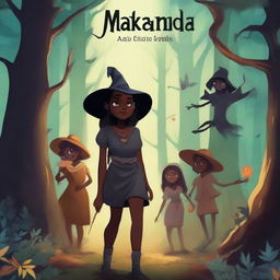 Create a book cover titled 'MAKENDA E OS ZUMBIS' featuring a beautiful black girl, an old witch, and various monsters in a dark, eerie forest