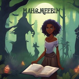 Create a book cover titled 'MAKENDA E OS ZUMBIS' featuring a beautiful black girl, an old witch, and various monsters in a dark, eerie forest