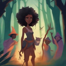 Create a book cover titled 'MAKENDA E OS ZUMBIS' featuring a beautiful black girl, an old witch, and various monsters in a dark, eerie forest