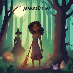 Create a book cover titled 'MAKENDA E OS ZUMBIS' featuring a beautiful black girl, an old witch, and various monsters in a dark, eerie forest