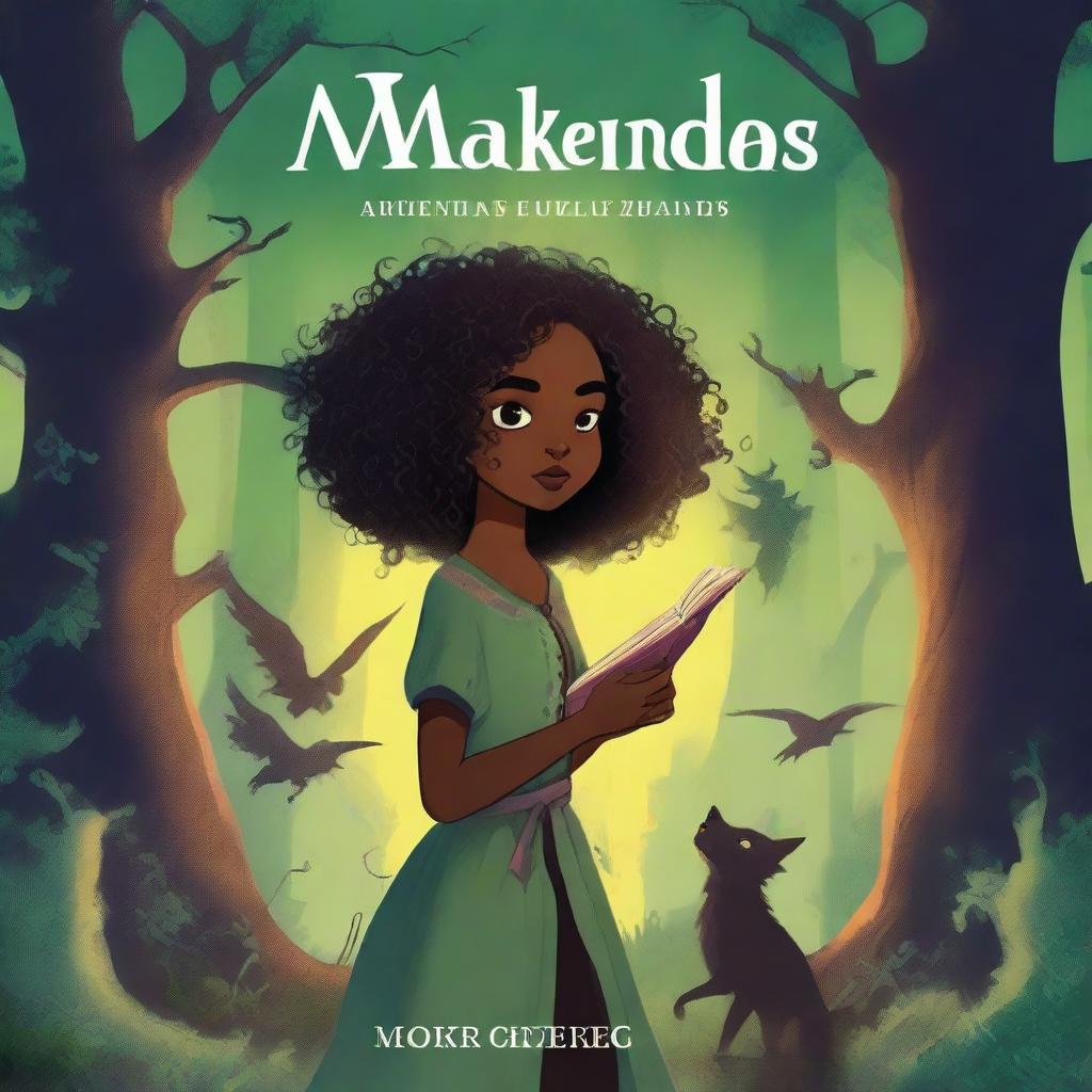 A captivating book cover titled 'MAKENDA E OS ZUMBIS' featuring a beautiful black girl with curly hair, an old witch, and monsters in a dark, eerie forest