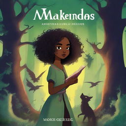 A captivating book cover titled 'MAKENDA E OS ZUMBIS' featuring a beautiful black girl with curly hair, an old witch, and monsters in a dark, eerie forest