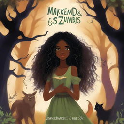 A captivating book cover titled 'MAKENDA E OS ZUMBIS' featuring a beautiful black girl with curly hair, an old witch, and monsters in a dark, eerie forest