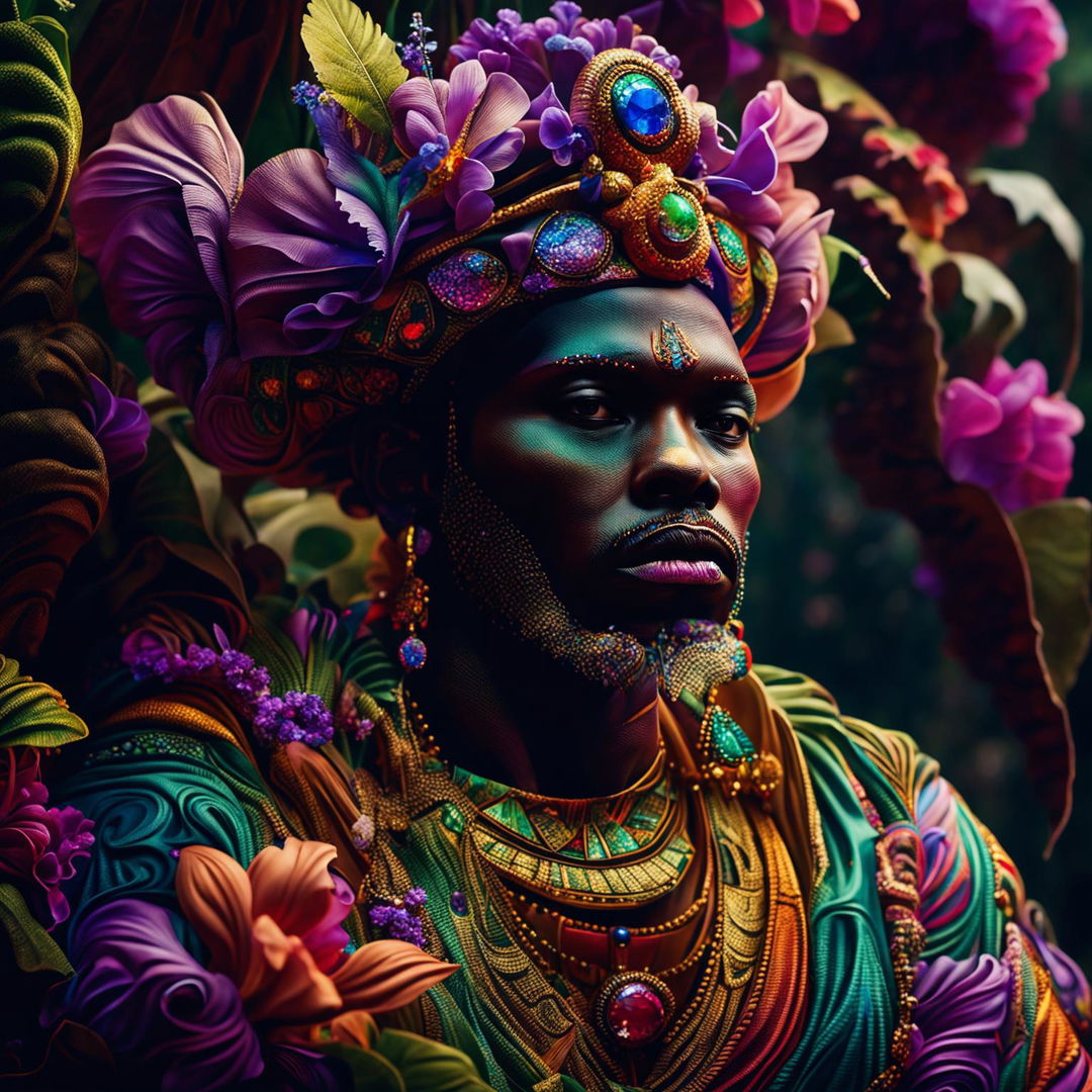 Hyper-realistic 3D Rococo photograph of an African king in vibrant attire amidst a lush jungle backdrop. Close-up details reveal intricate patterns on his robe, a majestic crown, and a flower aesthetic.