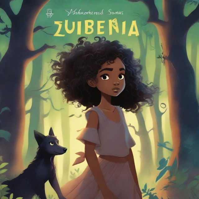 A captivating book cover titled 'MAKENDA E OS ZUMBIS' featuring a beautiful black girl with curly hair, an old witch, and monsters in a dark, eerie forest