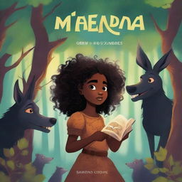 A captivating book cover titled 'MAKENDA E OS ZUMBIS' featuring a beautiful black girl with curly hair, an old witch, and monsters in a dark, eerie forest