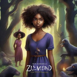 A hyper-realistic book cover titled 'MAKENDA E OS ZUMBIS' featuring a beautiful black girl with curly hair, an old witch, and monsters in a dark, eerie forest