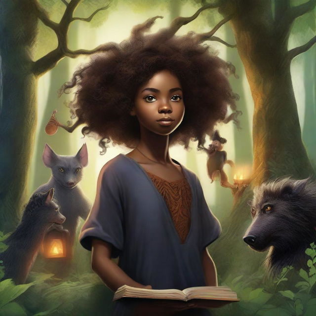 A hyper-realistic book cover titled 'MAKENDA E OS ZUMBIS' featuring a beautiful black girl with curly hair, an old witch, and monsters in a dark, eerie forest