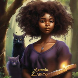 A hyper-realistic book cover titled 'MAKENDA E OS ZUMBIS' featuring a beautiful black girl with curly hair, an old witch, and monsters in a dark, eerie forest