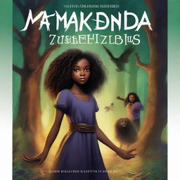 A hyper-realistic book cover titled 'MAKENDA E OS ZUMBIS' featuring a beautiful black girl with curly hair, an old witch, and monsters in a dark, eerie forest