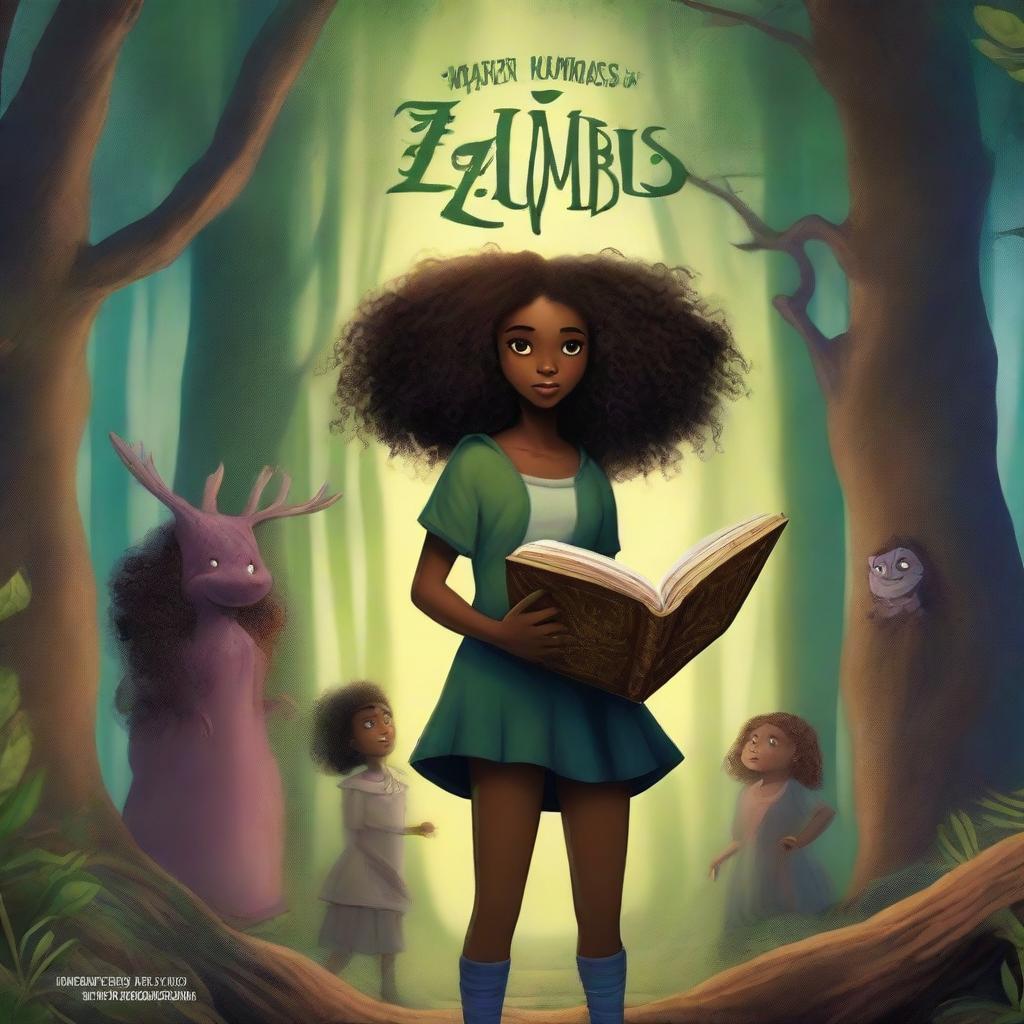 A hyper-realistic book cover titled 'MAKENDA E OS ZUMBIS' with a subtitle 'Zumbis', featuring a beautiful black girl with curly hair, an old witch, and monsters in a dark, eerie forest