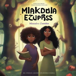 A hyper-realistic book cover titled 'MAKENDA E OS ZUMBIS' with a subtitle 'Zumbis', featuring a beautiful black girl with curly hair, an old witch, and monsters in a dark, eerie forest