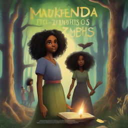 A hyper-realistic book cover titled 'MAKENDA E OS ZUMBIS' with a subtitle 'Zumbis', featuring a beautiful black girl with curly hair, an old witch, and monsters in a dark, eerie forest