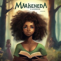 A hyper-realistic book cover titled 'MAKENDA E OS ZUMBIS' with a subtitle 'Zumbis', featuring a beautiful black girl with curly hair, an old witch, and monsters in a dark, eerie forest