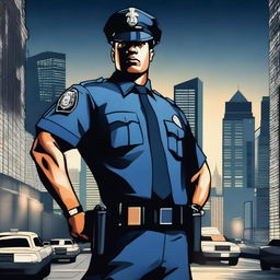 A stylized image of a police officer in a provocative pose