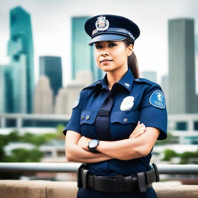 A female police officer wearing a tight-fitting uniform