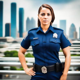 A female police officer wearing a tight-fitting uniform