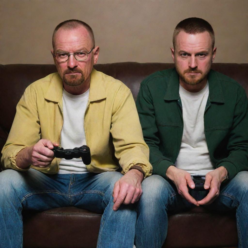 Walter White and Jesse Pinkman from Breaking Bad, seen in a rare moment of downtime, engrossed in playing video games. Their competitive yet camaraderie spirit is visible as they share a mutual enjoyment of this pastime.