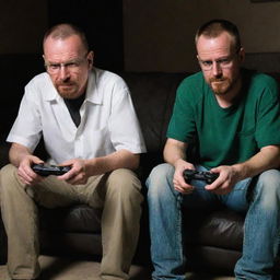 Walter White and Jesse Pinkman from Breaking Bad, seen in a rare moment of downtime, engrossed in playing video games. Their competitive yet camaraderie spirit is visible as they share a mutual enjoyment of this pastime.