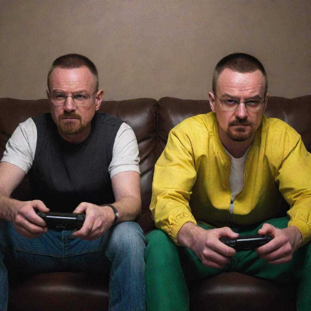 Walter White and Jesse Pinkman from Breaking Bad, seen in a rare moment of downtime, engrossed in playing video games. Their competitive yet camaraderie spirit is visible as they share a mutual enjoyment of this pastime.