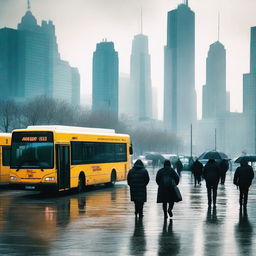 A cold morning at the city terminal, with people bundled up in warm clothes, visible breath in the air, and a misty atmosphere