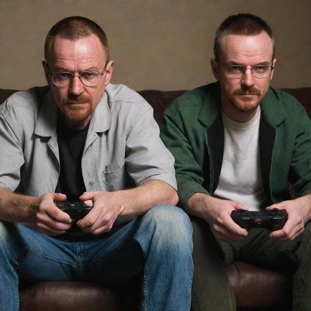 Walter White and Jesse Pinkman from Breaking Bad, seen in a rare moment of downtime, engrossed in playing video games. Their competitive yet camaraderie spirit is visible as they share a mutual enjoyment of this pastime.