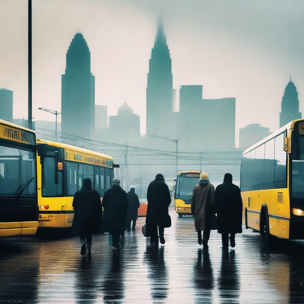 A cold morning at the city terminal, with people bundled up in warm clothes, visible breath in the air, and a misty atmosphere