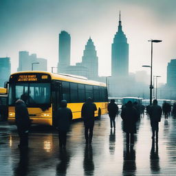 A cold morning at the city terminal, with people bundled up in warm clothes, visible breath in the air, and a misty atmosphere