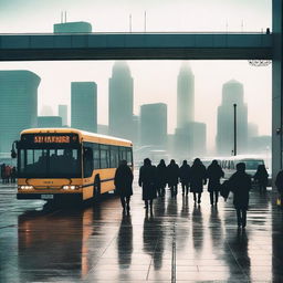 A cold morning at the city terminal, with people bundled up in warm clothes, visible breath in the air, and a misty atmosphere