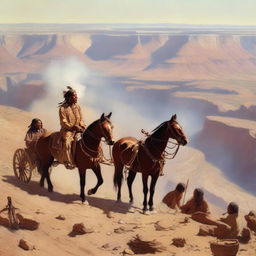 A Native American Indian riding a horse at the top of a canyon, looking down at a group of people around a wagon