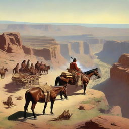 A Native American Indian riding a horse at the top of a canyon, looking down at a group of people around a wagon