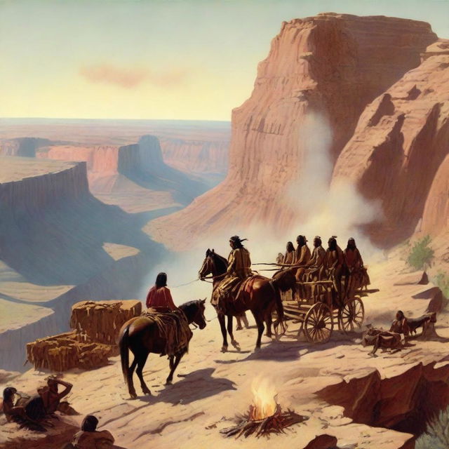 A Native American Indian riding a horse at the top of a canyon, looking down at a group of people around a wagon