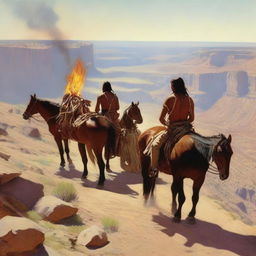 A Native American Indian riding a horse at the top of a canyon, looking down at a group of people around a wagon