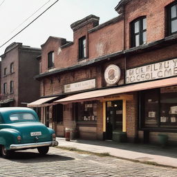 An old terminal in a small town, with weathered buildings, vintage signage, and a few people waiting for their buses