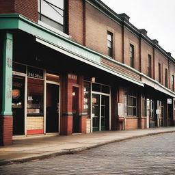 An old terminal in a small town, with weathered buildings, vintage signage, and a few people waiting for their buses